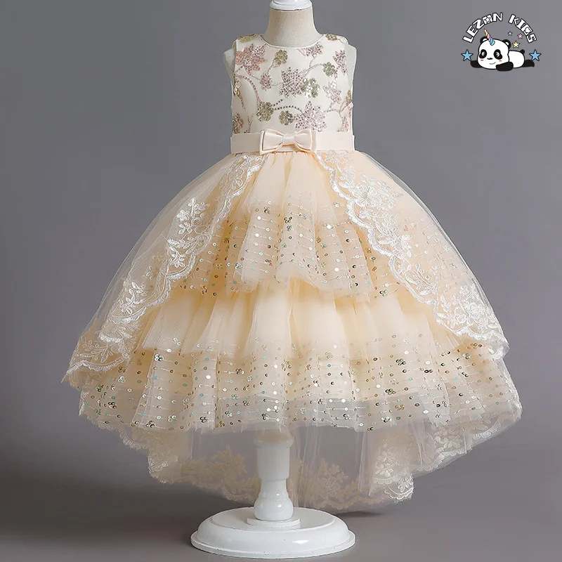 LEZONKIDS - New Girls' Dress Embroidered Beaded Sequins Flowers Trailing Poncho Skirt Spot Wholesale